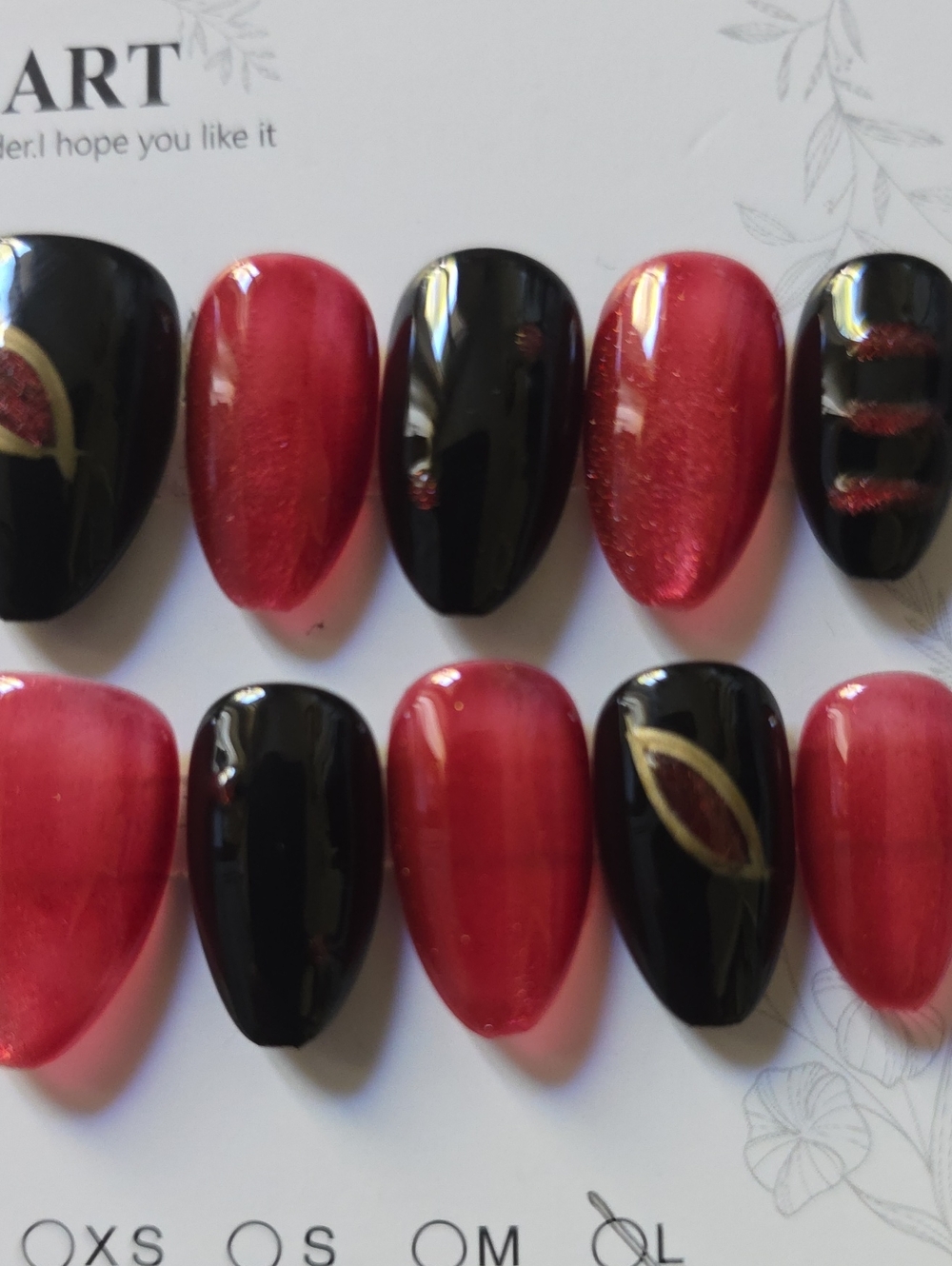 Red and Black Press-On Nail Set with Gold Accent Size Large